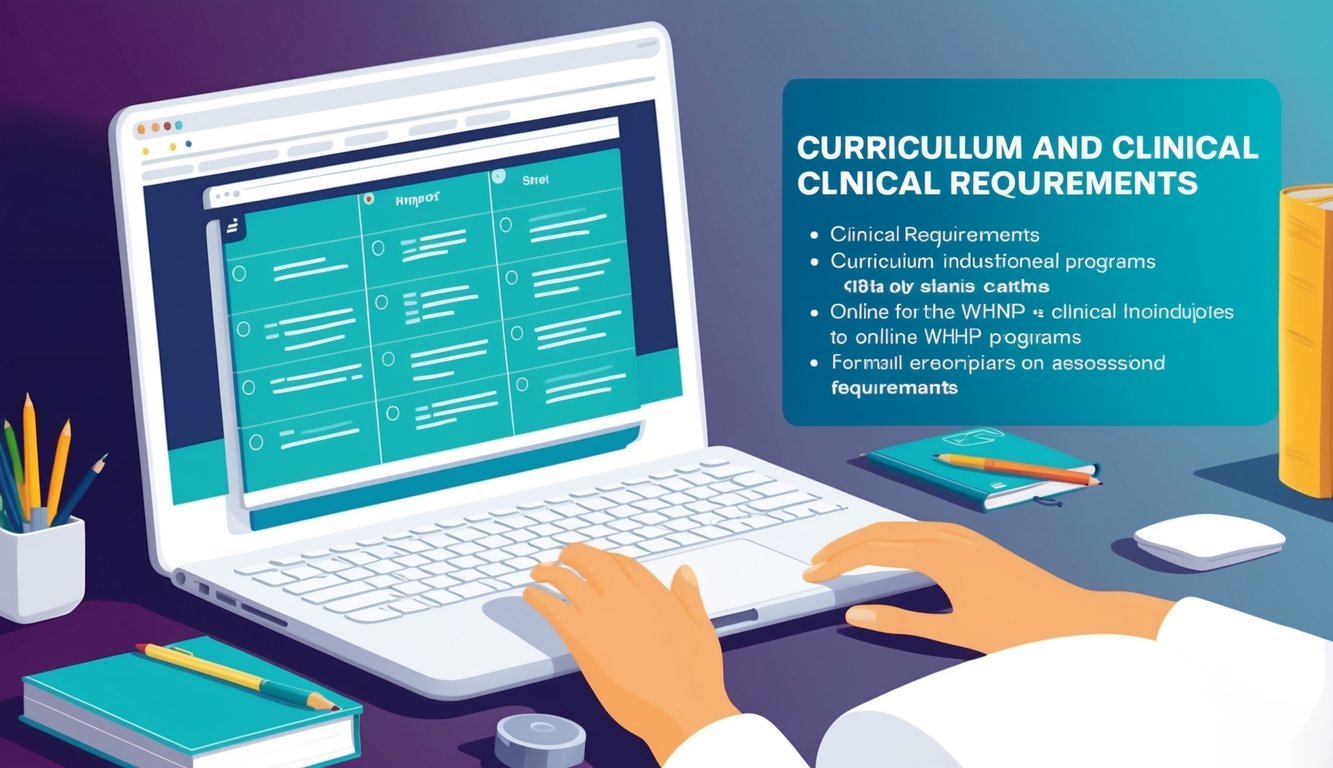 A computer screen displaying a list of curriculum and clinical requirements for online WHNP programs