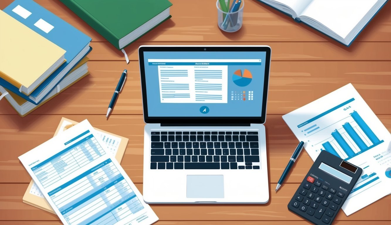 A laptop open on a desk, surrounded by books and financial documents.</p><p>A calculator and pen sit nearby