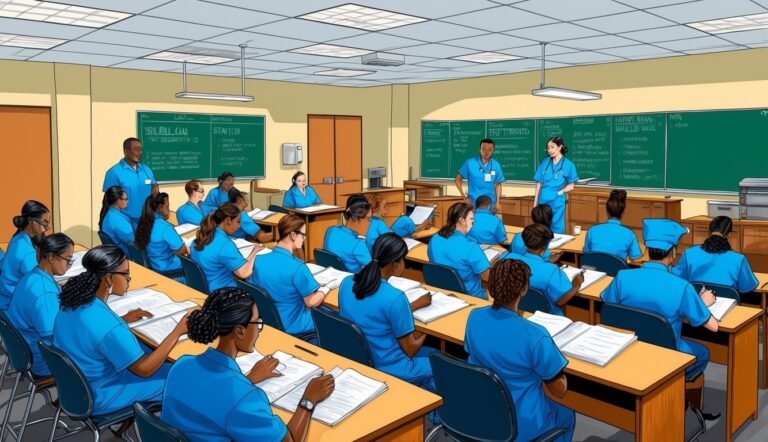 Nursing students in blue scrubs attend a classroom lecture with instructors