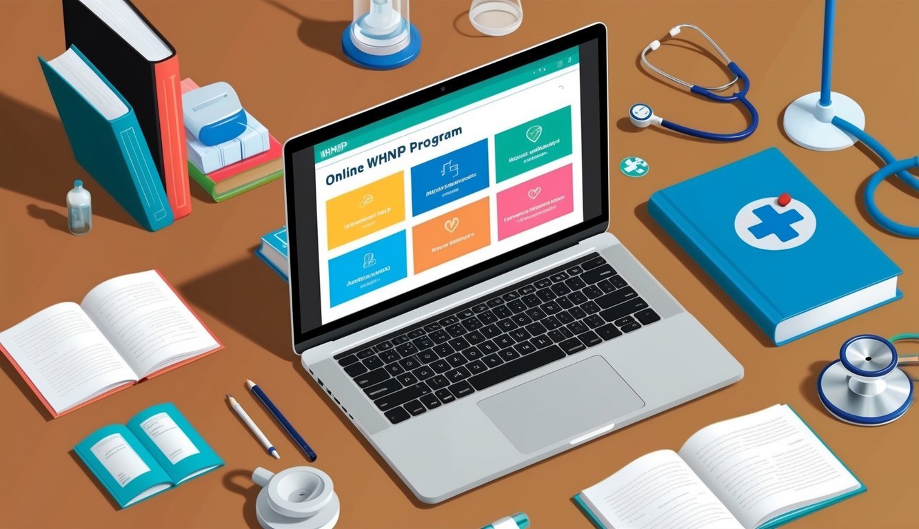 A laptop with a colorful webpage displaying various online WHNP program options, surrounded by books and medical equipment