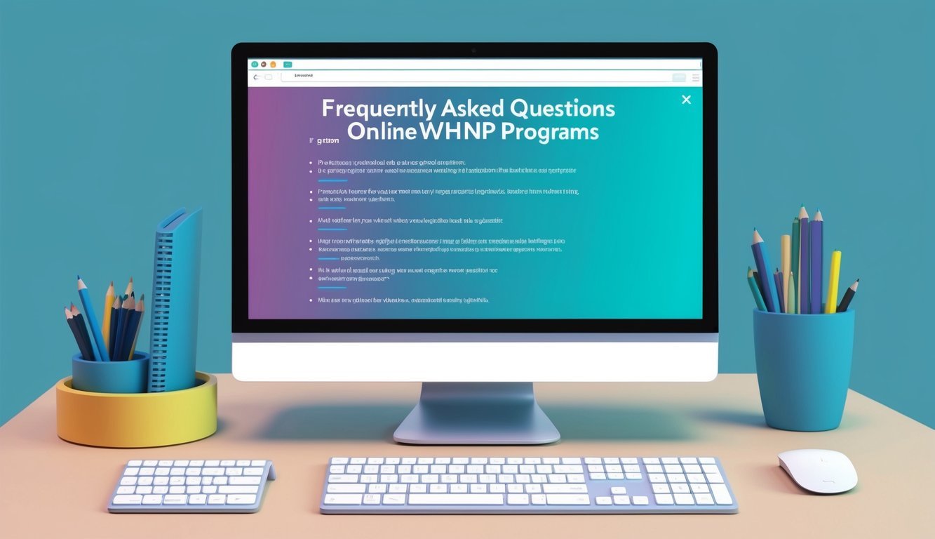 A computer screen displaying a webpage with a list of frequently asked questions about online WHNP programs, surrounded by a keyboard and mouse