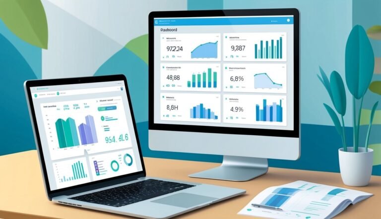 Laptop and monitor displaying business data charts and graphs on a desk