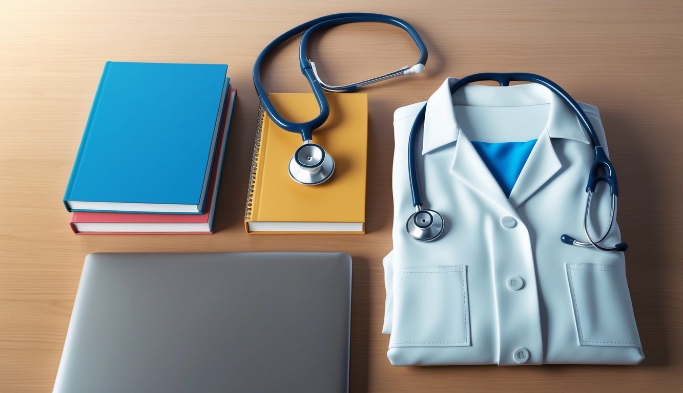 A stethoscope, a stack of textbooks, a laptop, and a medical uniform laid out neatly on a desk