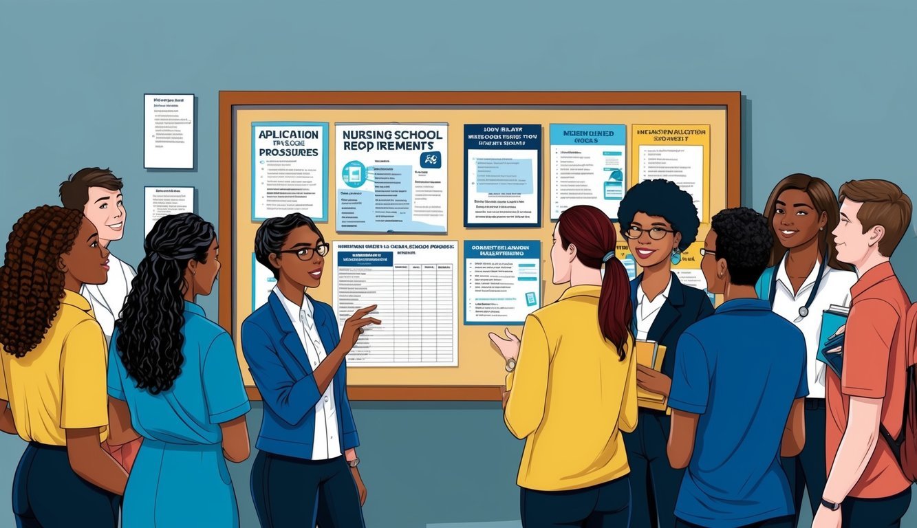 A group of students gathered around a bulletin board filled with information about nursing school requirements and application procedures