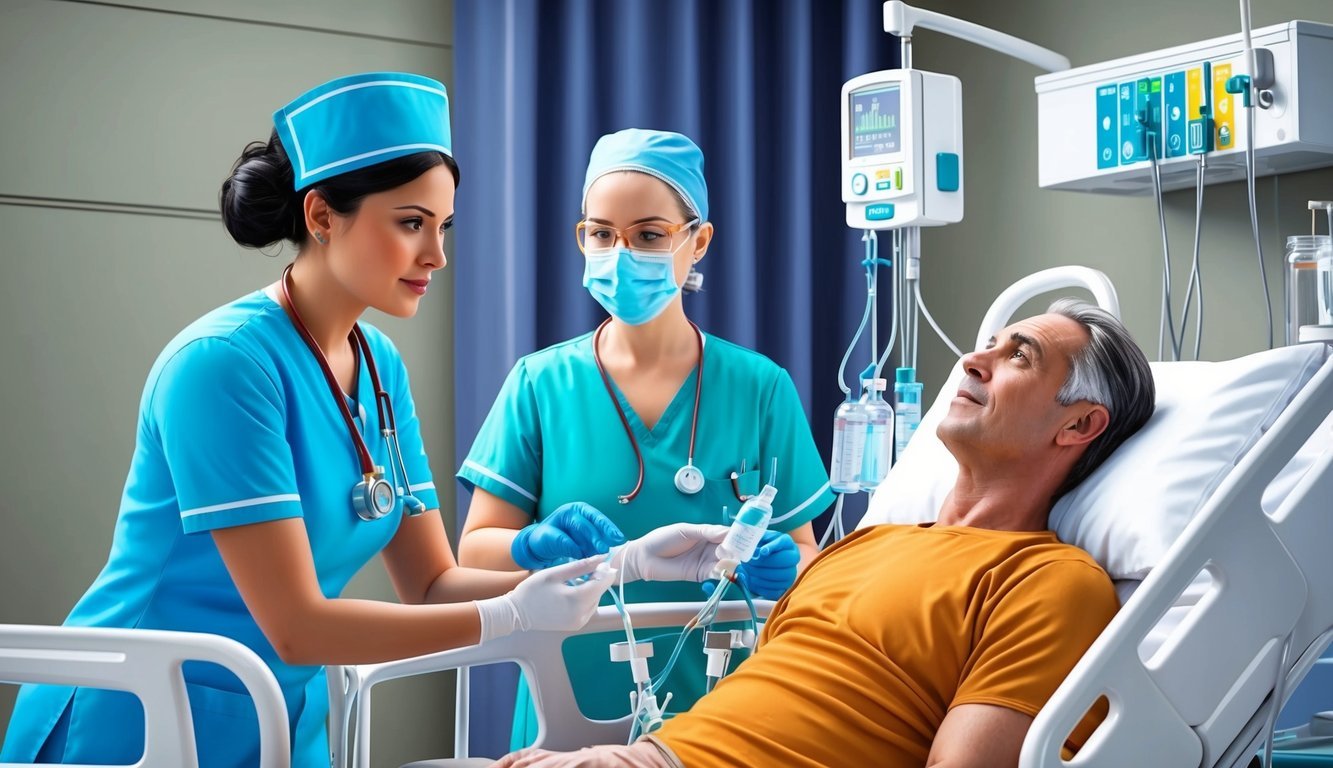 A dialysis nurse instructs a patient on medical procedures in a hospital setting