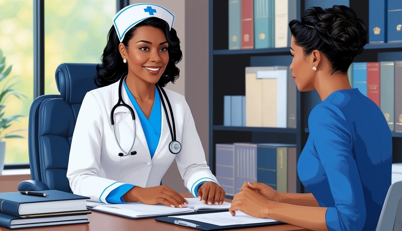 A nurse attorney consulting with a client in a law office