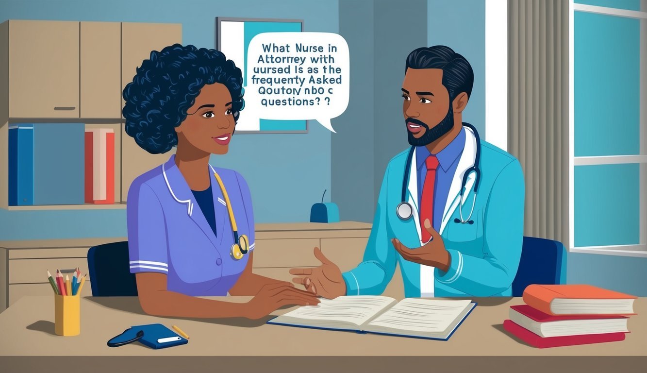 A nurse and attorney discussing frequently asked questions in a professional setting