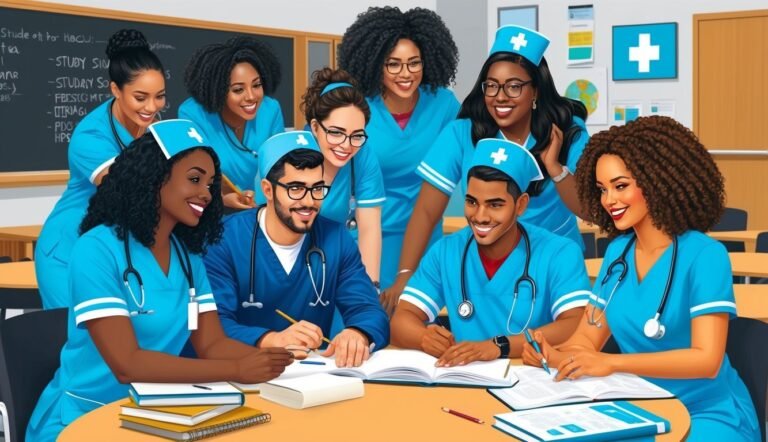 Group of smiling nursing students studying together at a table