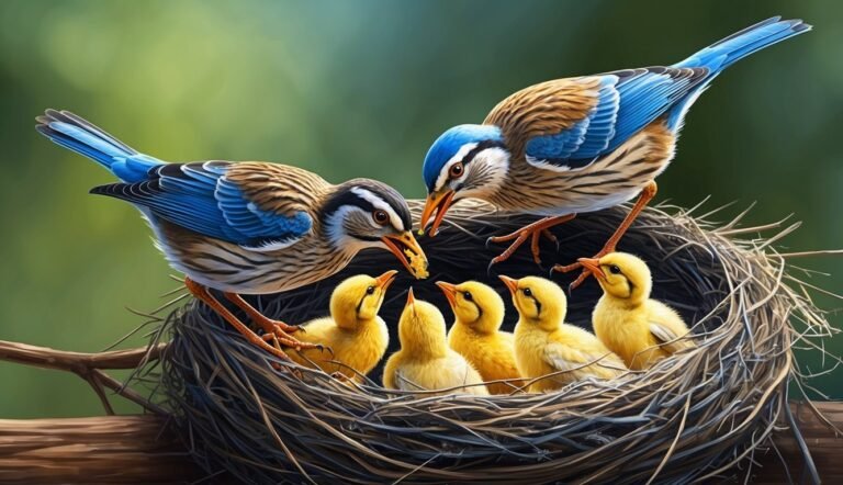 Two birds feeding their yellow chicks in a nest