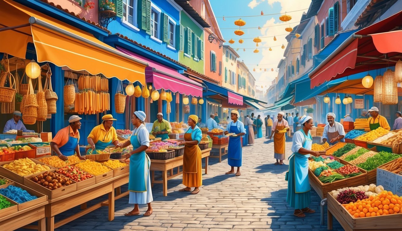 Colorful outdoor market scene with vendors selling fruits and vegetables