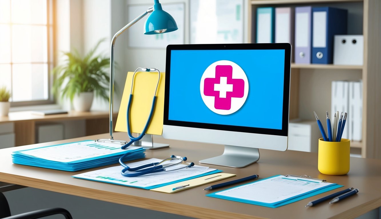 A stethoscope, medical charts, and a computer with a nursing symbol on the screen sit on a desk in a well-lit office