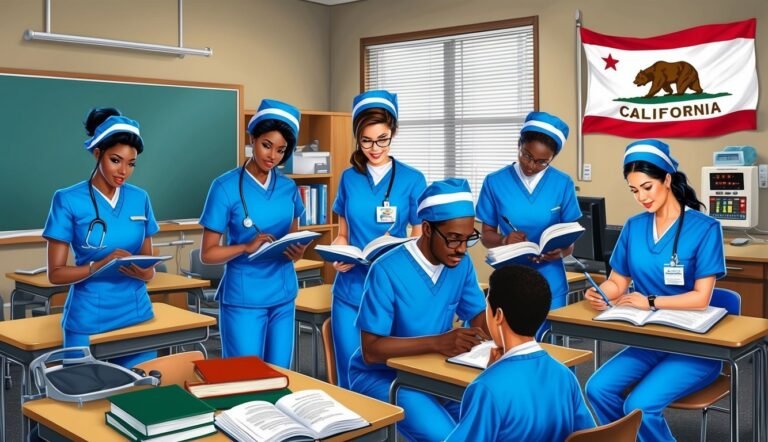Nursing students in a classroom setting, California flag in the background