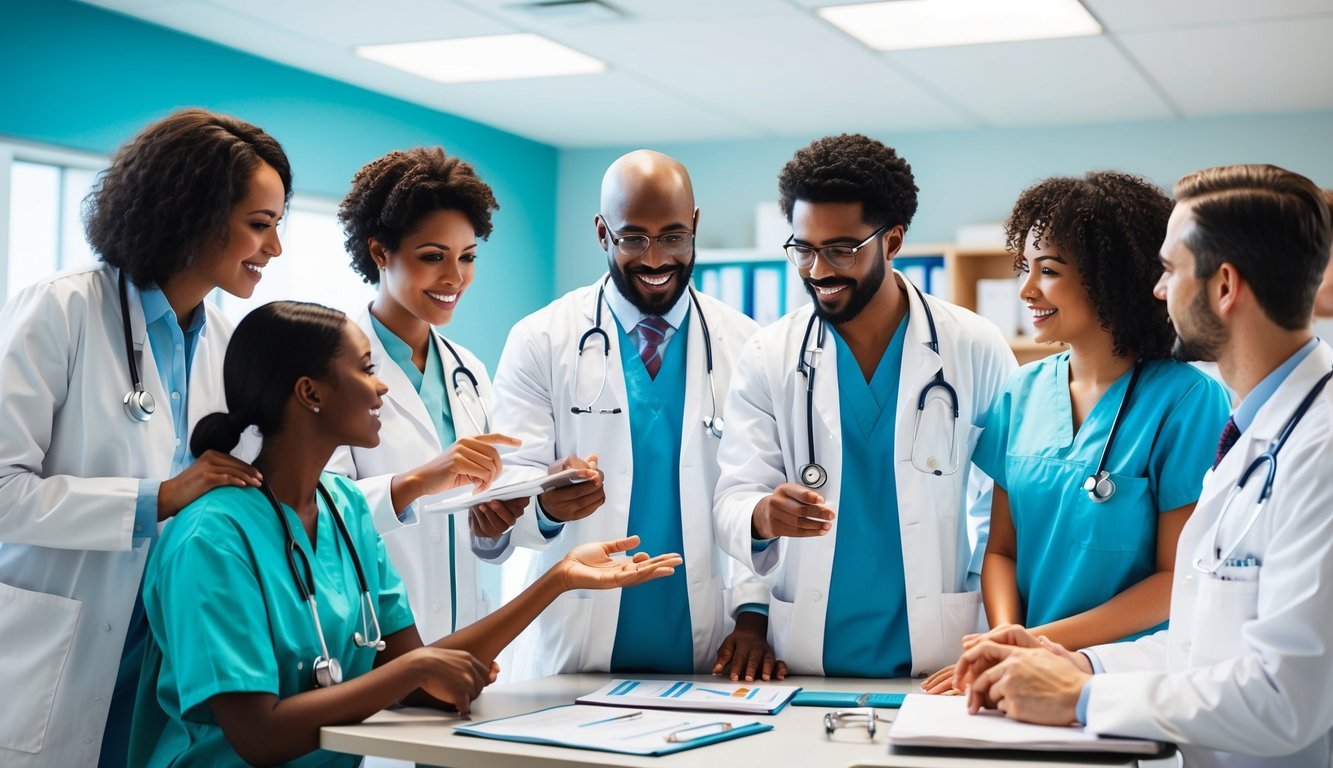 A group of medical professionals collaborate, sharing specialized knowledge and expertise within a clinical setting