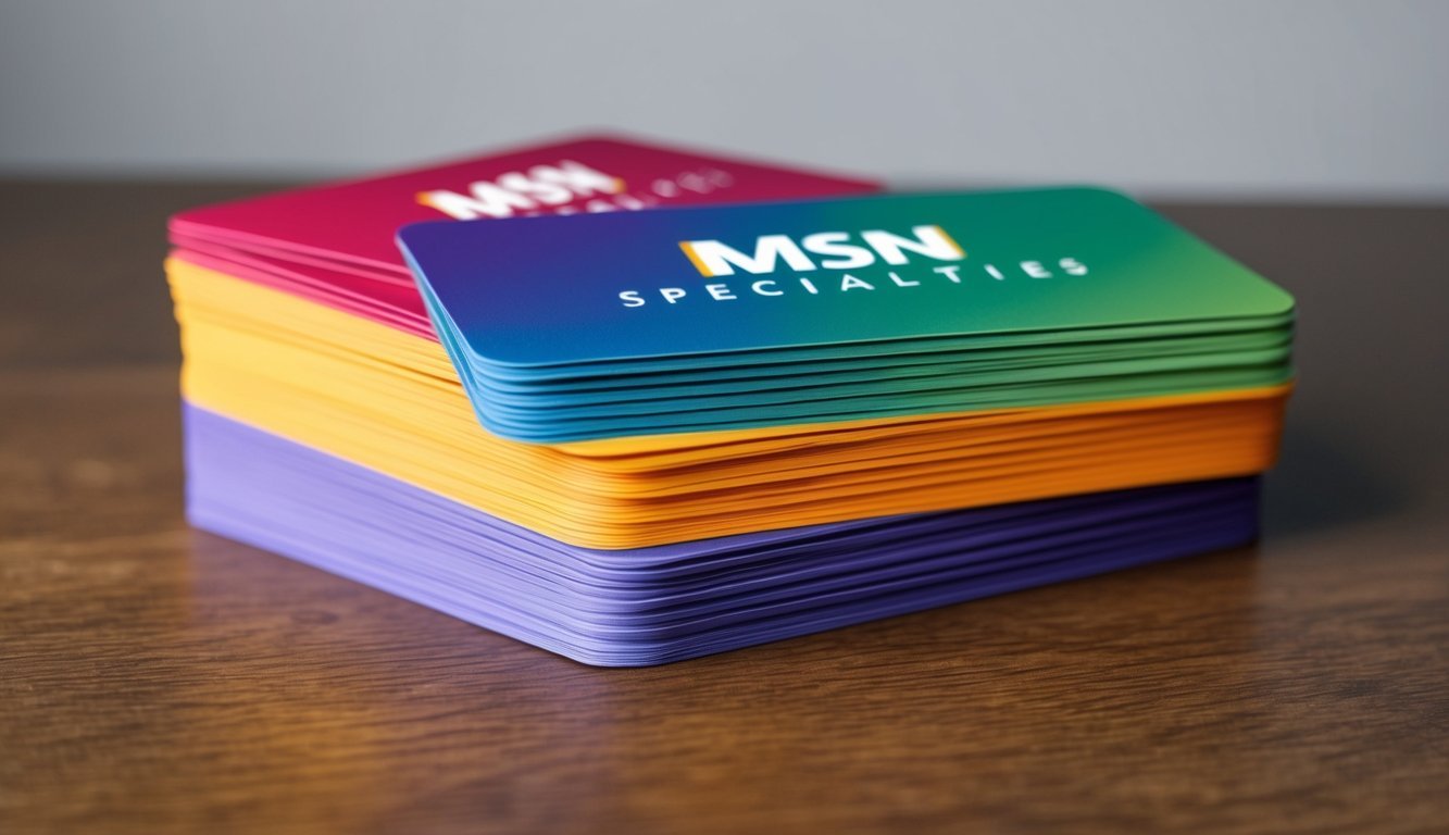 A stack of colorful FAQ cards with MSN specialties logos