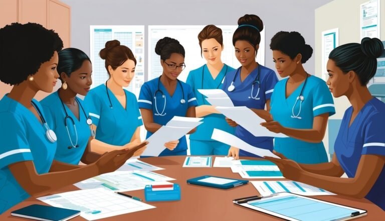 Group of nurses in blue scrubs reviewing paperwork around a table