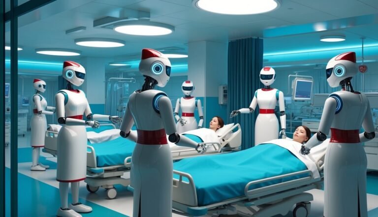 Robotic nurses attending to patients in a futuristic hospital room