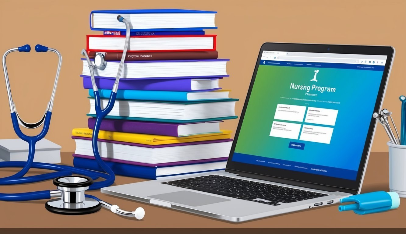 Laptop with nursing program, stethoscope, and stack of colorful books