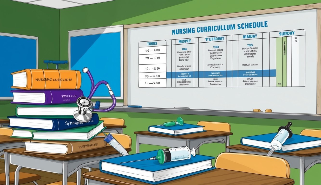 A classroom with textbooks, stethoscope, syringe, and medical equipment on desks.</p><p>A whiteboard displays a nursing curriculum schedule