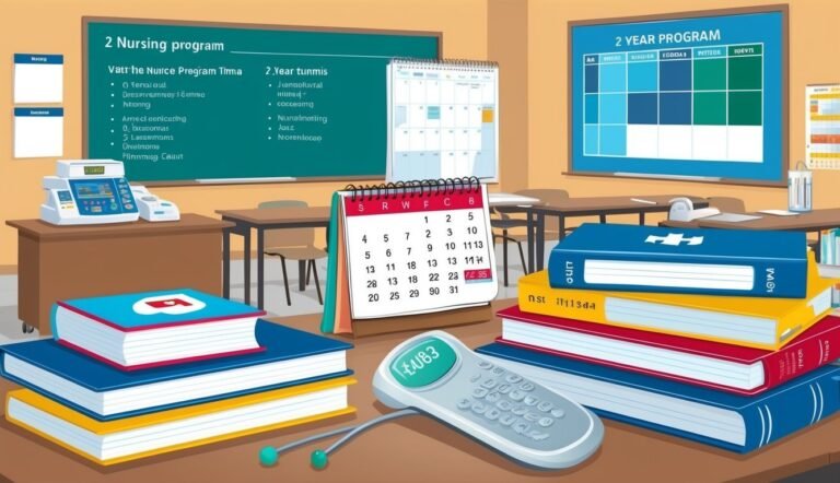 Classroom scene with books, calendar, calculator, and nursing program information on boards