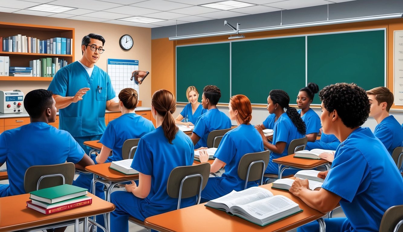 A classroom setting with a teacher instructing a group of students in medical scrubs, surrounded by medical equipment and textbooks
