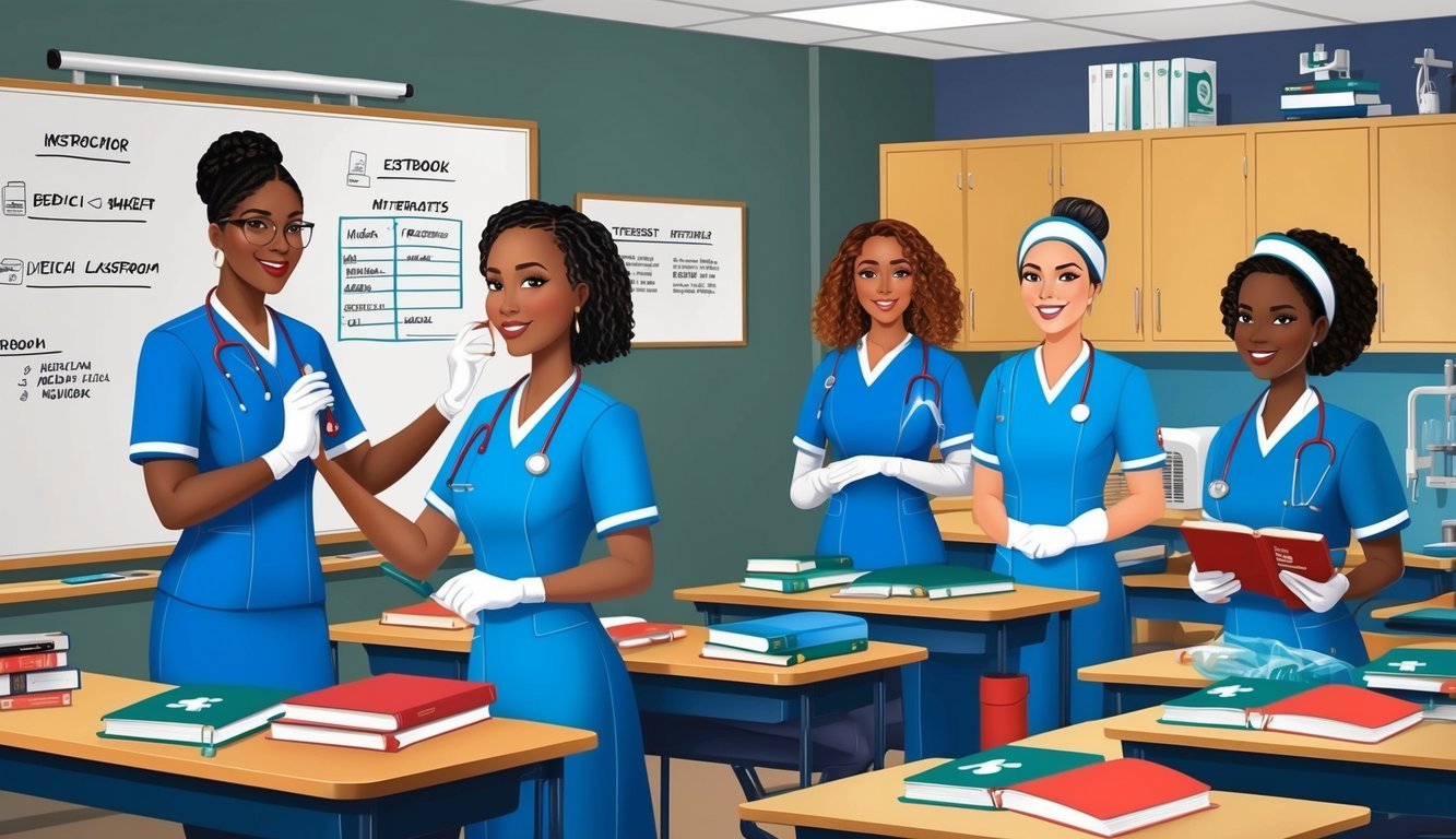 A classroom with medical equipment, textbooks, and a whiteboard.</p><p>An instructor and students in nursing uniforms