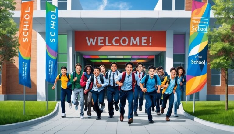 Group of excited students running toward a school entrance with "WELCOME!" sign