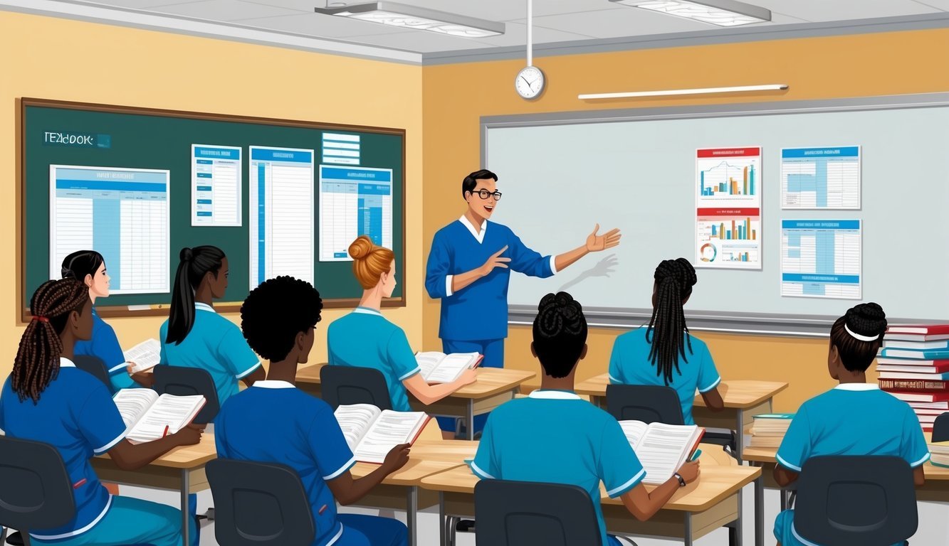 A classroom with medical charts, textbooks, and a whiteboard.</p><p>A teacher lectures to a group of students wearing nursing scrubs