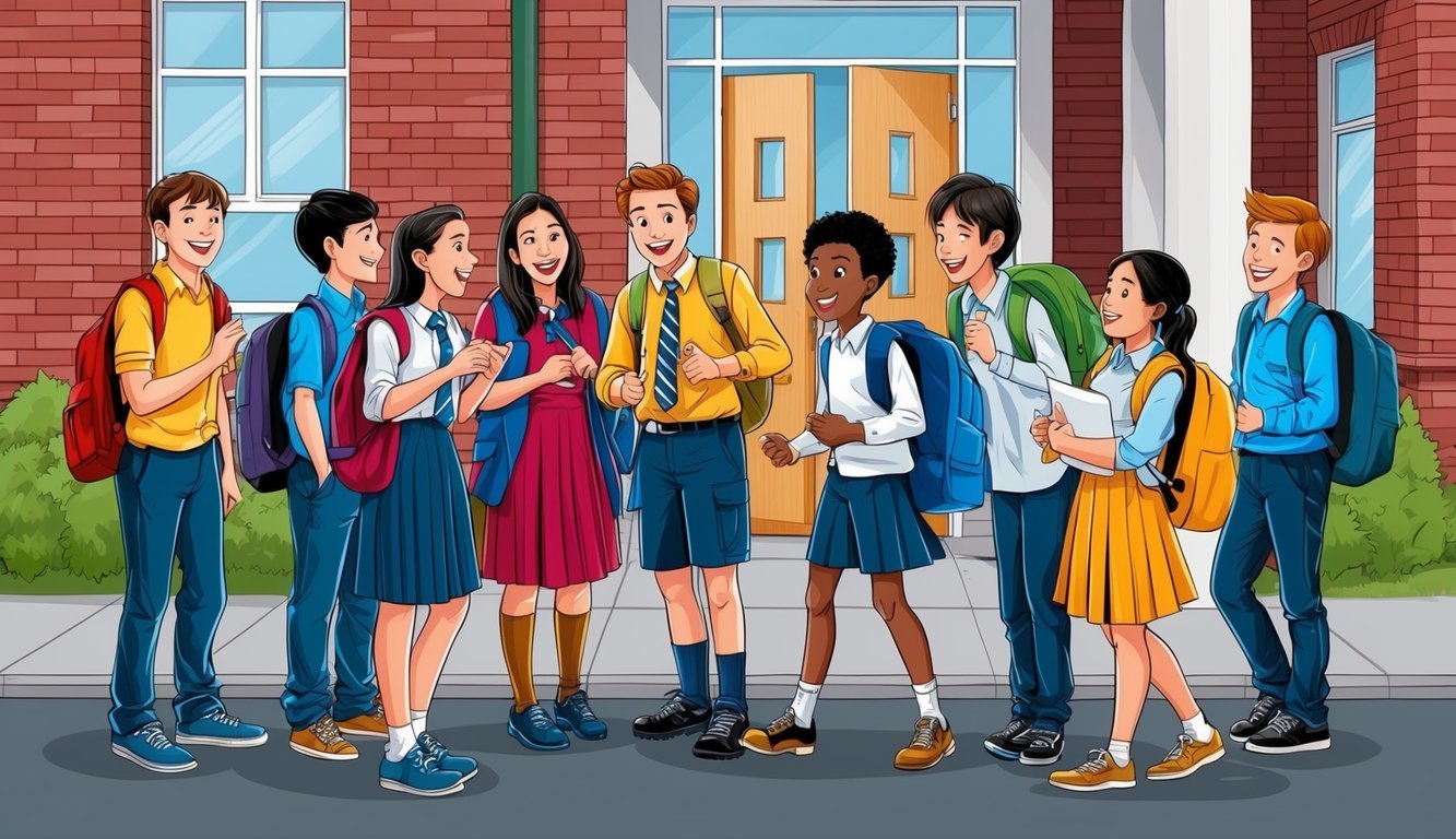 A group of students eagerly waiting outside a school building, chatting and smiling as they prepare to enter for their PA school admissions