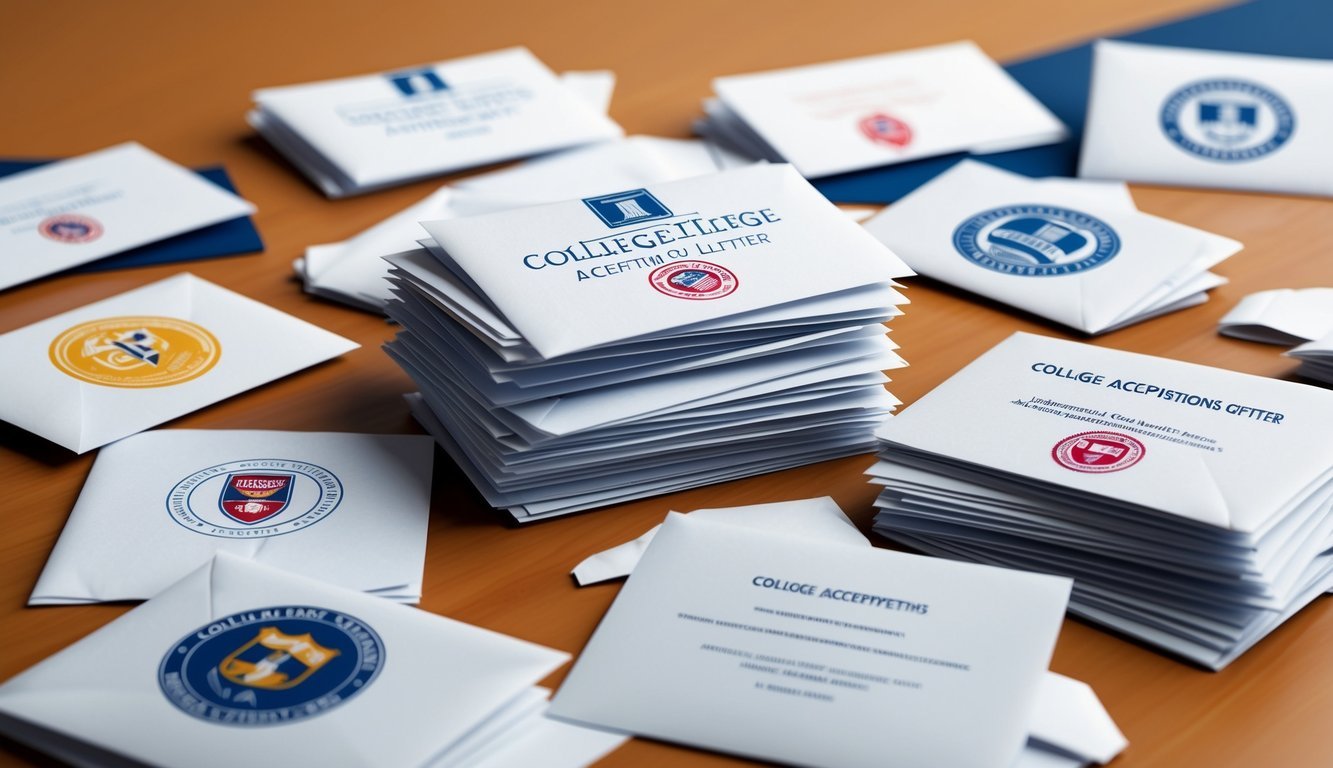 A stack of college acceptance letters with varying logos and seals scattered on a desk, some crumpled and others neatly arranged