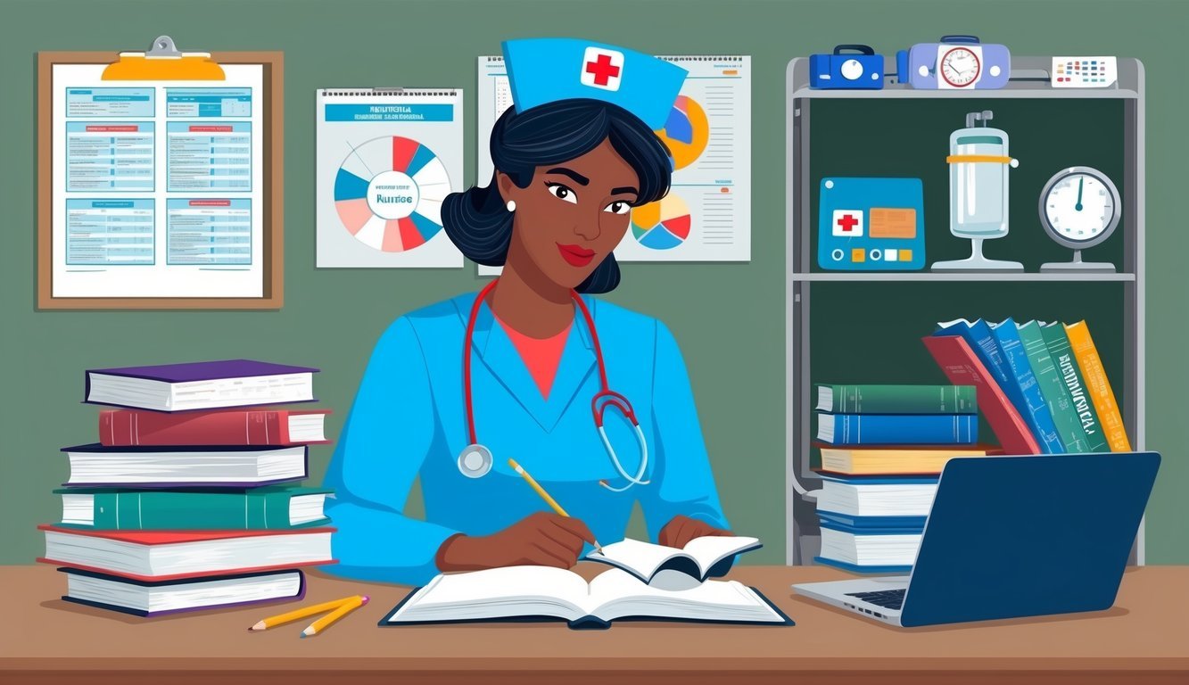A nurse studying at a desk with textbooks and a laptop, surrounded by medical equipment and charts