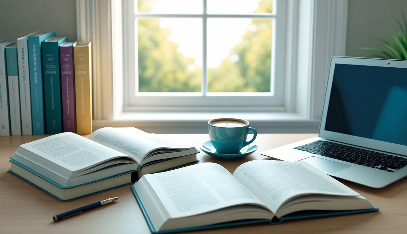 A cozy study room with open textbooks, a laptop, and a cup of coffee on a desk.</p><p>A bright window lets in natural light, creating a peaceful atmosphere