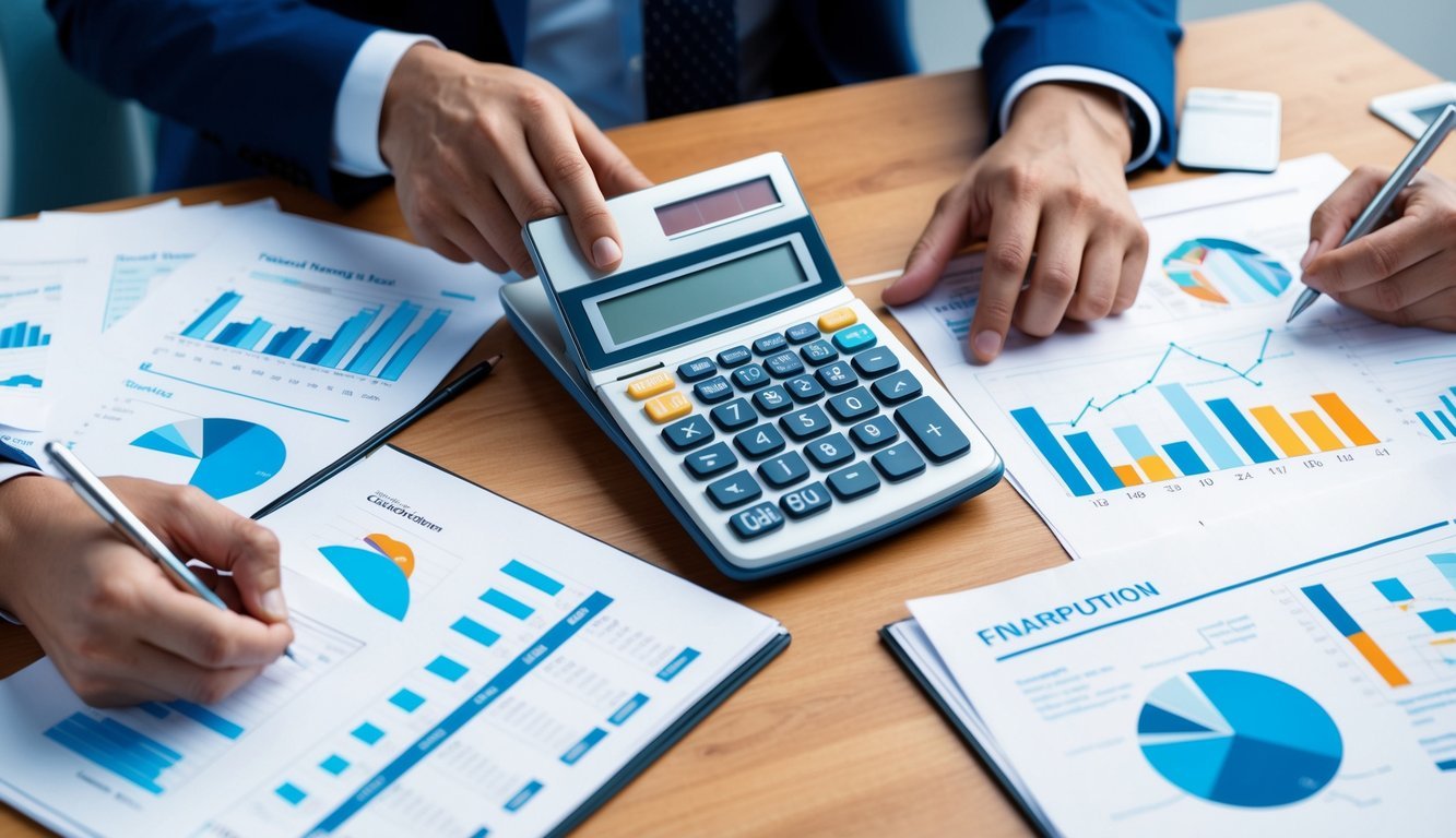 A calculator surrounded by financial documents and graphs, with a person pondering over them