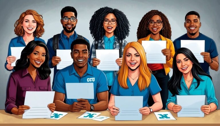 Diverse group of smiling people holding blank papers, possibly students or colleagues