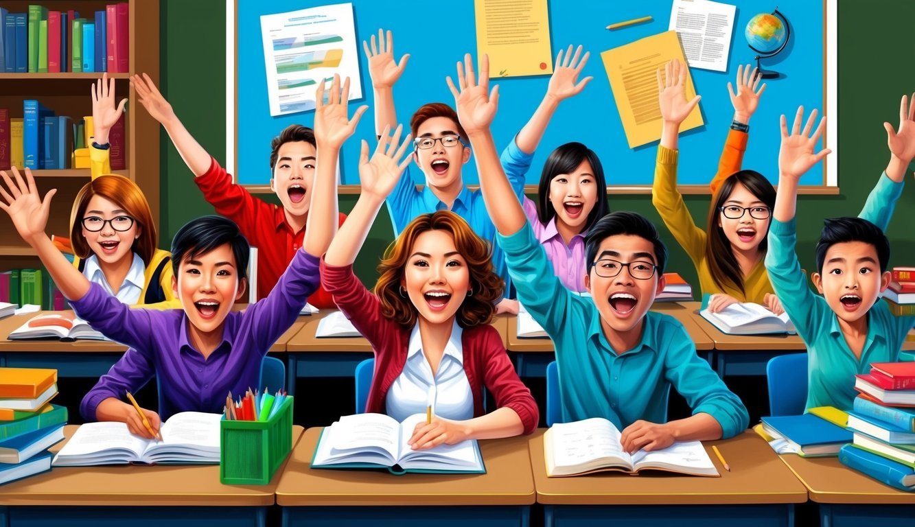 A group of students eagerly raising their hands in a classroom, surrounded by books and study materials