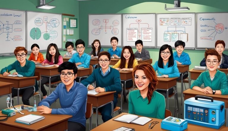 Classroom of students smiling at the camera, whiteboards with diagrams in background