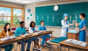 Medical students in a classroom, learning anatomy with a model and instructor