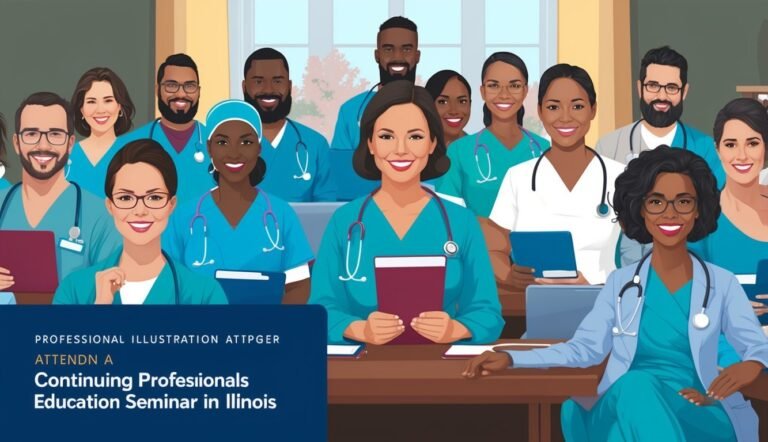 Illustration of diverse medical professionals attending a seminar in Illinois