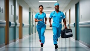 Two medical professionals running down a hospital hallway, one carrying a bag