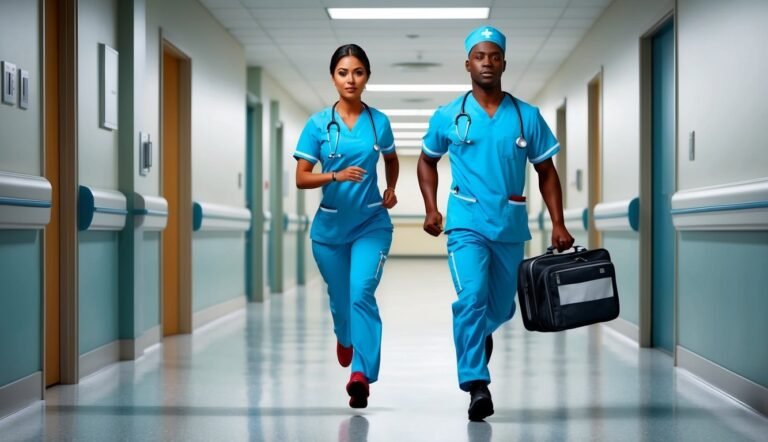 Two medical professionals running down a hospital hallway, one carrying a bag