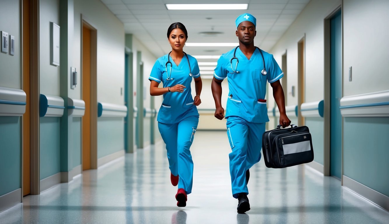 Two medical professionals running down a hospital hallway, one carrying a bag