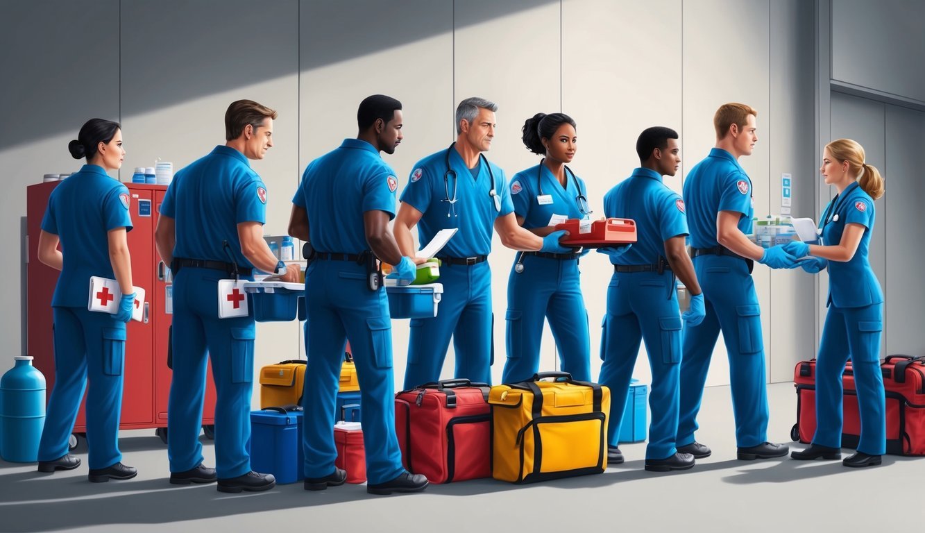 A group of medical professionals quickly assembling with equipment and supplies, ready to respond to emergency situations as part of a Rapid Response Team