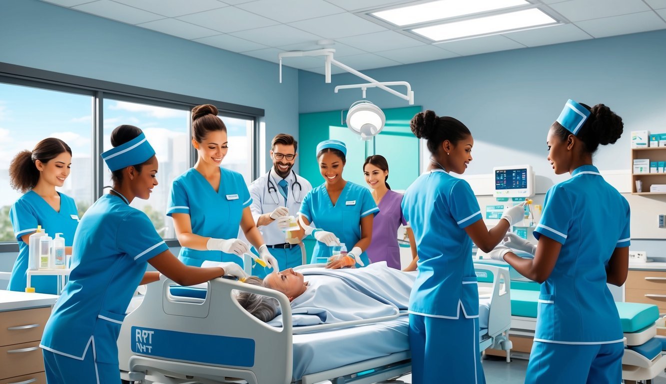 A group of RRT nurses working together in a hospital setting, monitoring patients, administering treatments, and collaborating with other healthcare professionals
