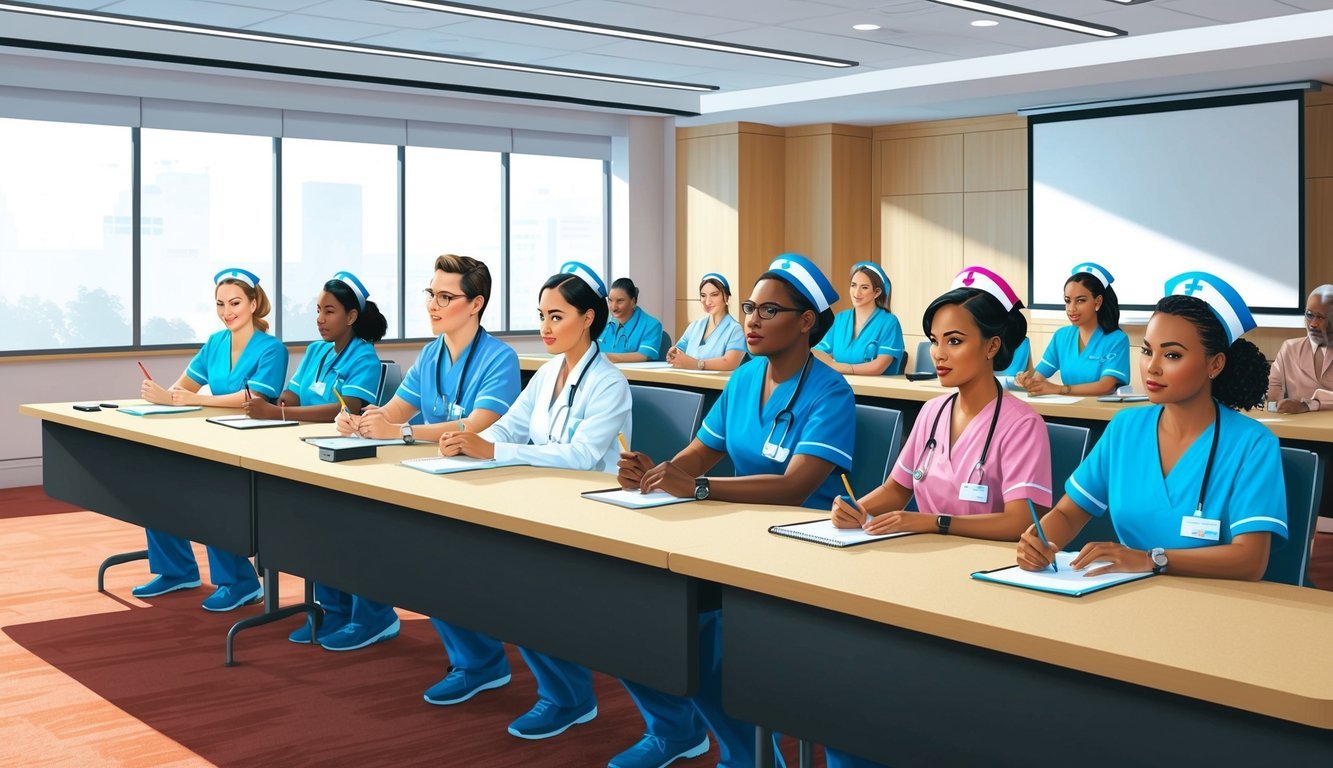 A group of RRT nurses attending a seminar, listening to a speaker and taking notes in a brightly lit conference room
