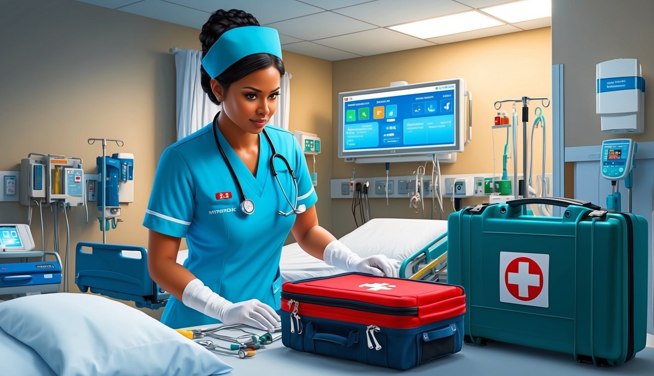 A rapid response nurse assessing medical equipment and preparing for emergency intervention in a hospital setting