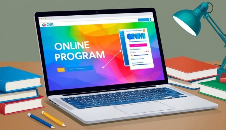 Laptop displaying "Online Program" with books, pencils, and a desk lamp