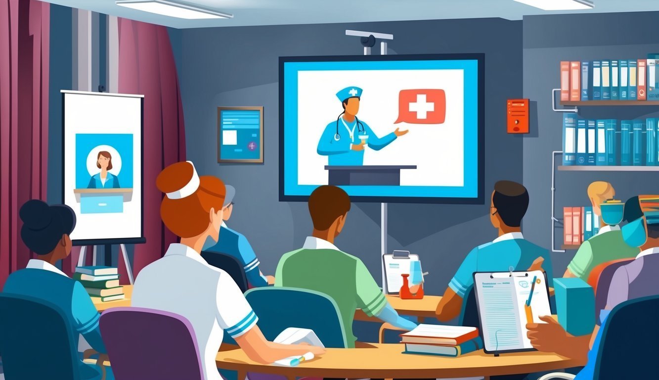 Medical professionals in a conference room watching a presentation on a screen