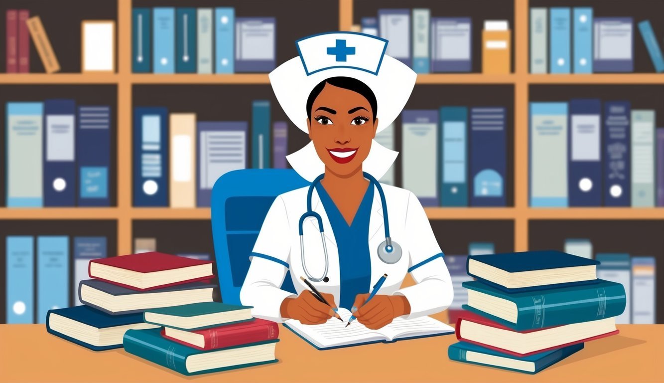 A nurse attending a seminar, surrounded by medical books and taking notes