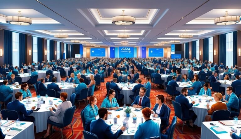 Large conference room with many people at round tables