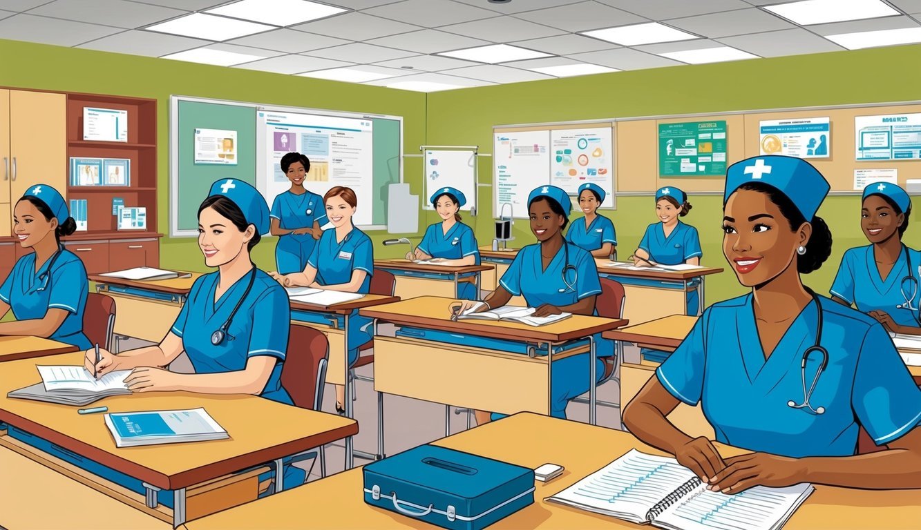 A classroom setting with nurses participating in workshops, lectures, and hands-on training.</p><p>Visual aids, medical equipment, and educational materials are present