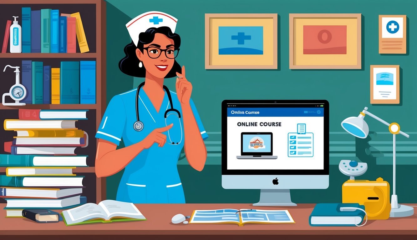 A nurse attending a seminar, surrounded by books, medical equipment, and a computer displaying an online course